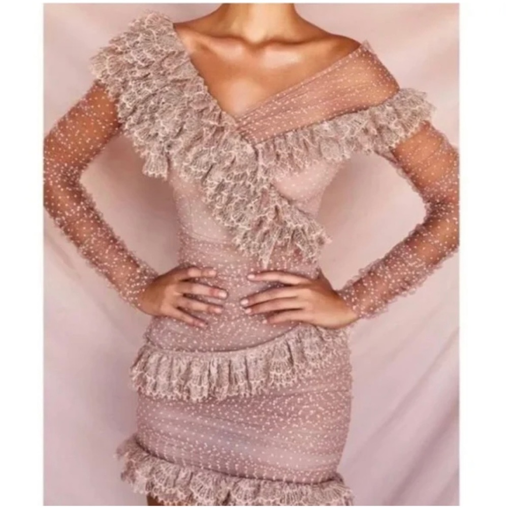 HOUSE OF CB  size M Pink/ Rose Polka Dot Ruffled Lace Mini dress New with tags